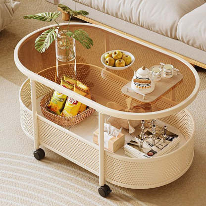 Nordic Cream Oval Iron Glass 2-Tier Coffee Table — White Frame + Tea Color Glass