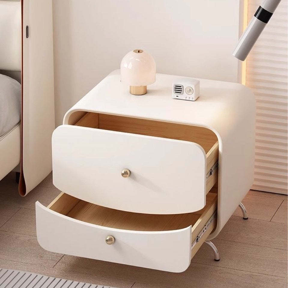 Minimalist Cream Wood Veneer 2-Drawer Nightstand — White
