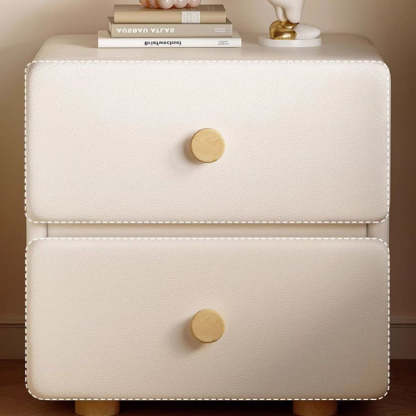 Minimalist Cream Leather Wood 2-Drawer Nightstand — Khaki