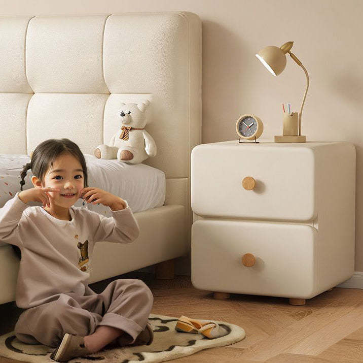 Minimalist Cream Leather Wood 2-Drawer Nightstand — Pink