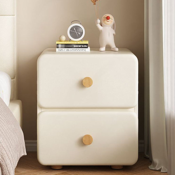 Minimalist Cream Leather Wood 2-Drawer Nightstand — Khaki