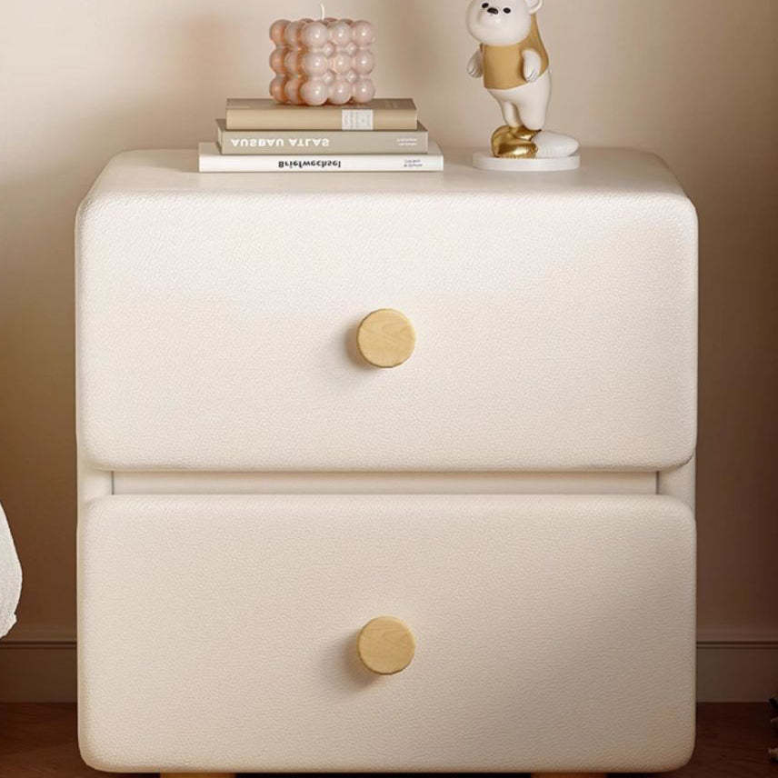 Minimalist Cream Leather Wood 2-Drawer Nightstand — Purple