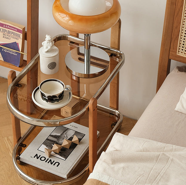 Minimalist Oval Cherry Wood Glass 2-Tier Side Table