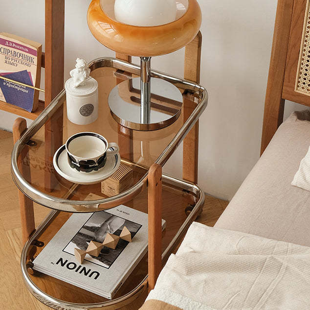 Minimalist Oval Cherry Wood Glass 2-Tier Side Table