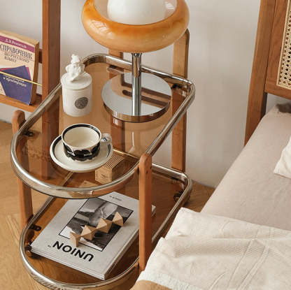 Minimalist Oval Cherry Wood Glass 2-Tier Side Table