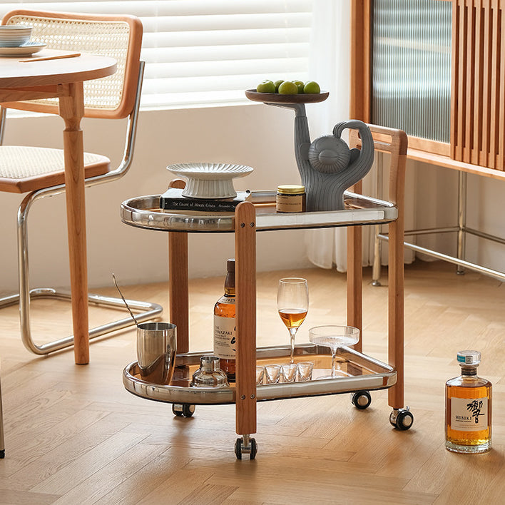 Minimalist Oval Cherry Wood Glass 2-Tier Side Table