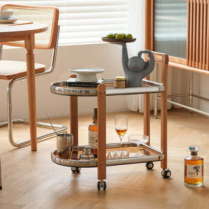 Minimalist Oval Cherry Wood Glass 2-Tier Side Table