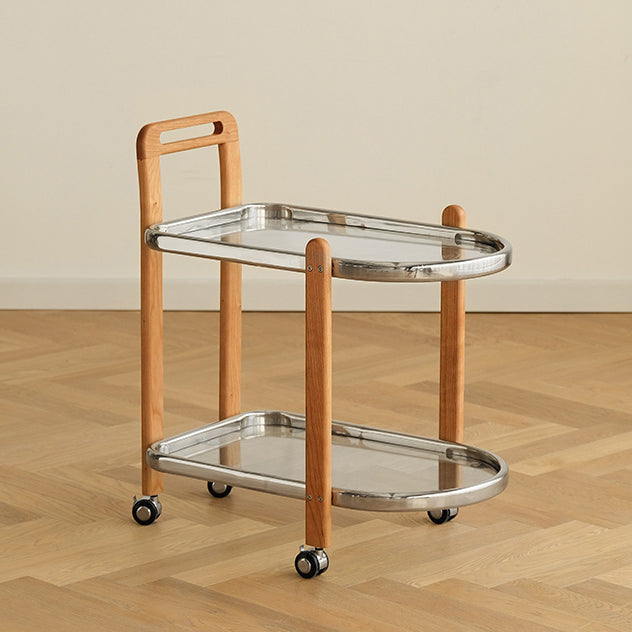Minimalist Oval Cherry Wood Glass 2-Tier Side Table