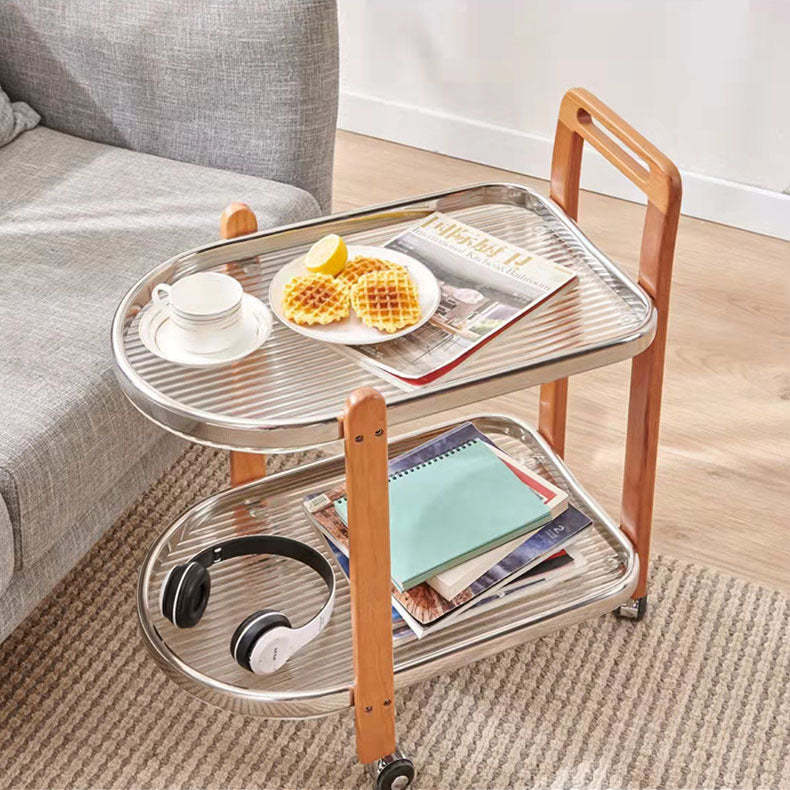 Minimalist Oval Cherry Wood Glass 2-Tier Side Table — Tea Color