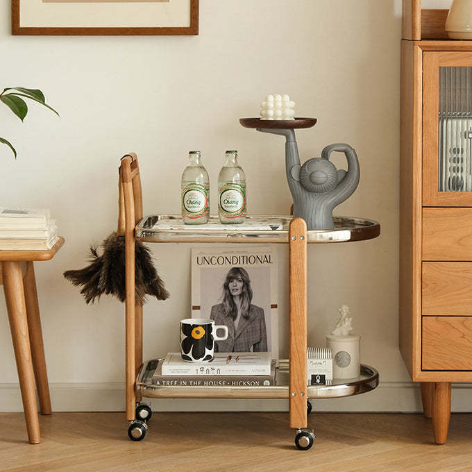 Minimalist Oval Cherry Wood Glass 2-Tier Side Table