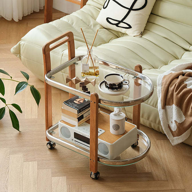 Minimalist Oval Cherry Wood Glass 2-Tier Side Table