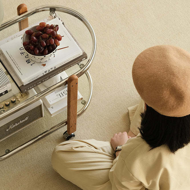 Minimalist Oval Cherry Wood Glass 2-Tier Side Table