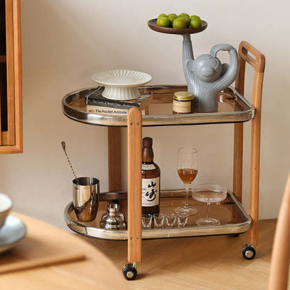 Minimalist Oval Cherry Wood Glass 2-Tier Side Table