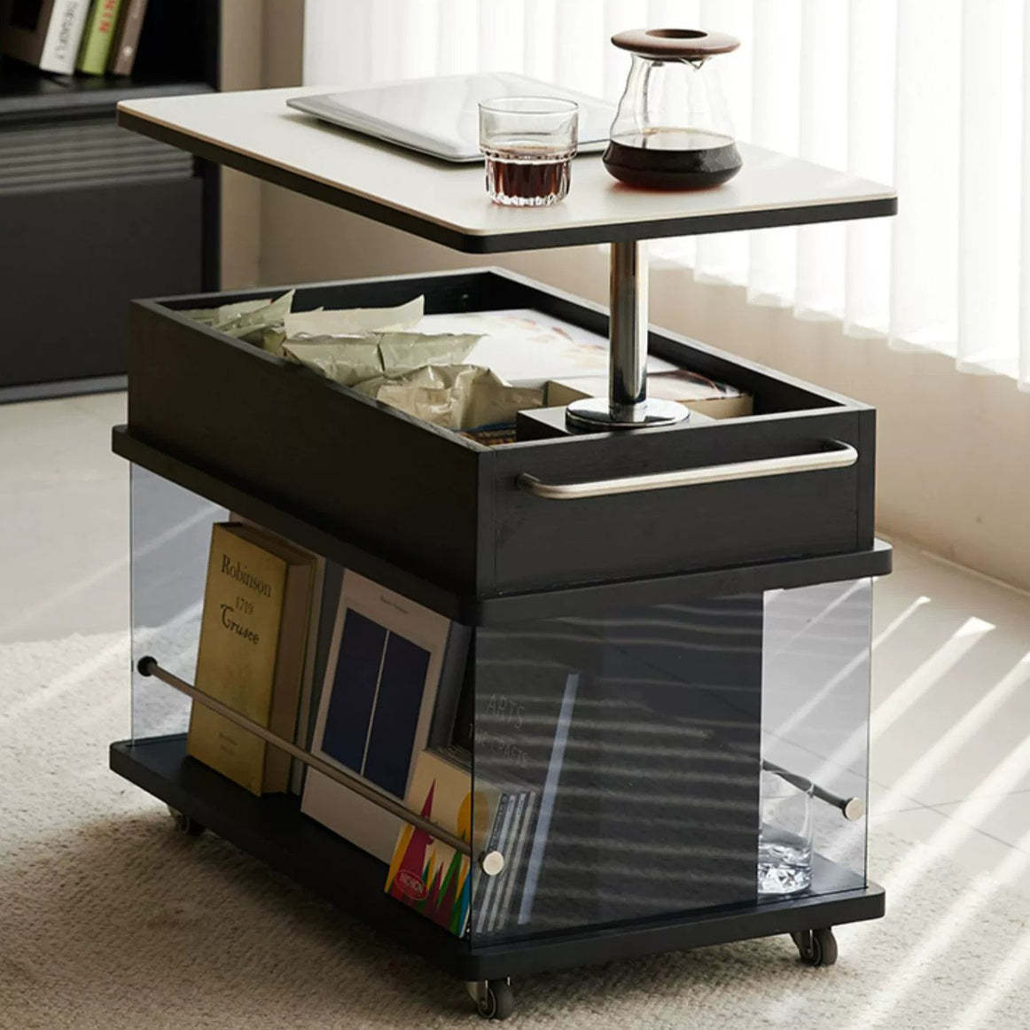 Scandinavian Liftable Swivel Oak Rock Slab Side Table — Black + White