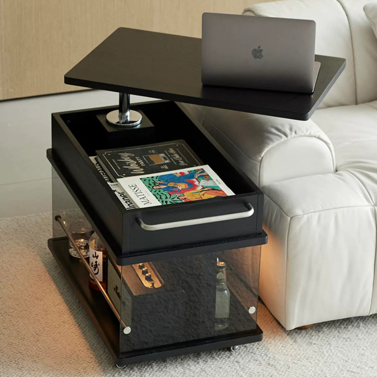 Scandinavian Liftable Swivel Oak Rock Slab Side Table