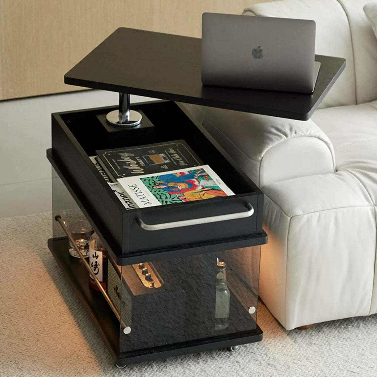 Scandinavian Liftable Swivel Oak Rock Slab Side Table