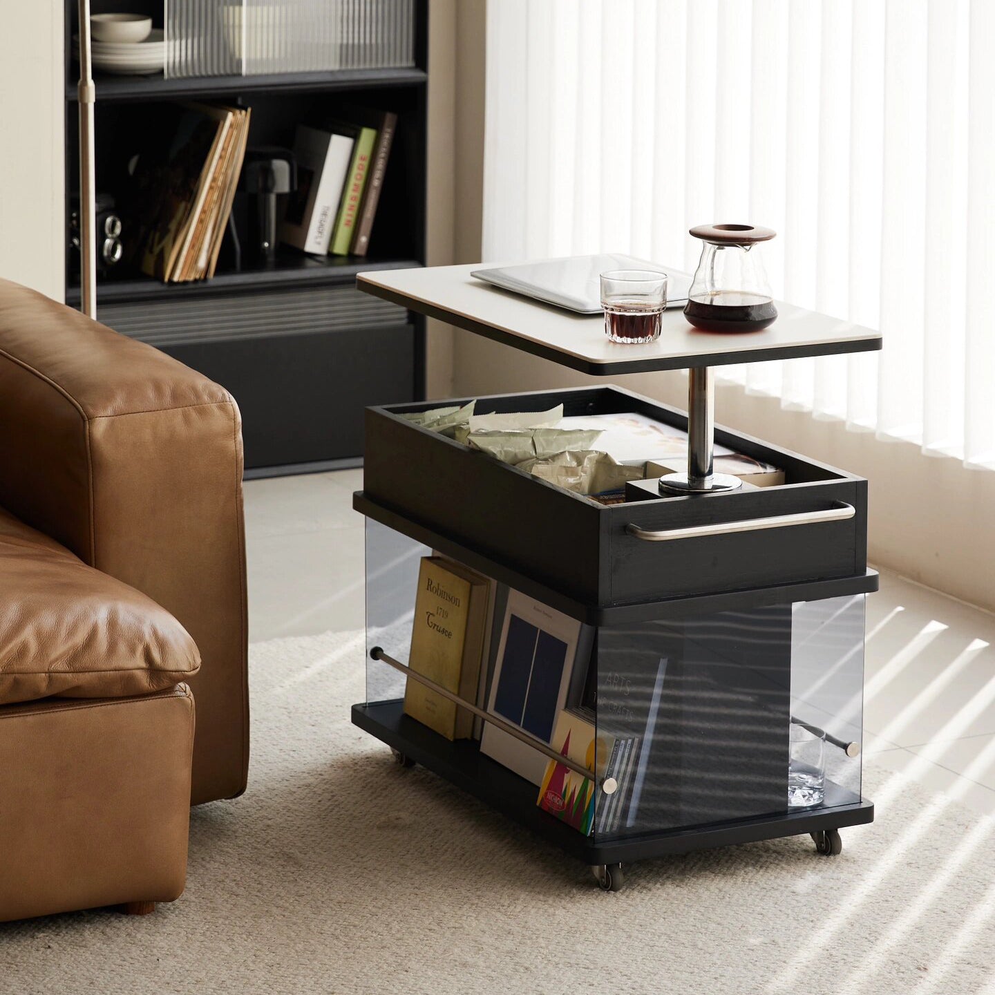 Scandinavian Liftable Swivel Oak Rock Slab Side Table