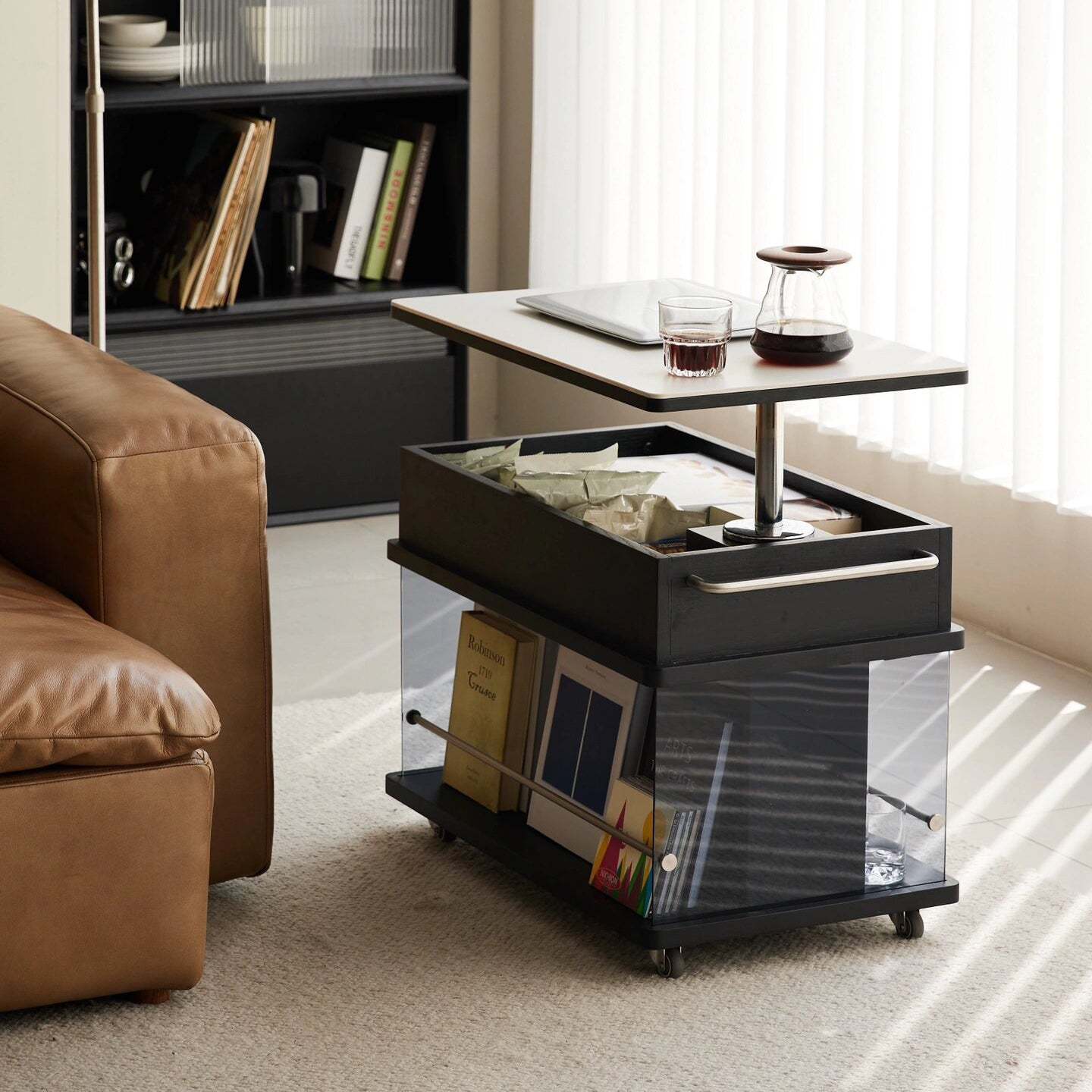 Scandinavian Liftable Swivel Oak Rock Slab Side Table