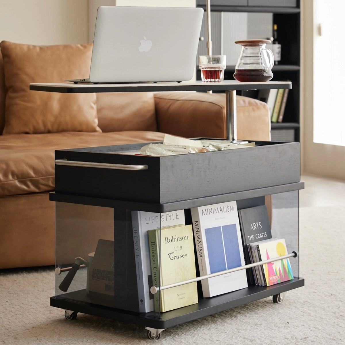 Scandinavian Liftable Swivel Oak Rock Slab Side Table