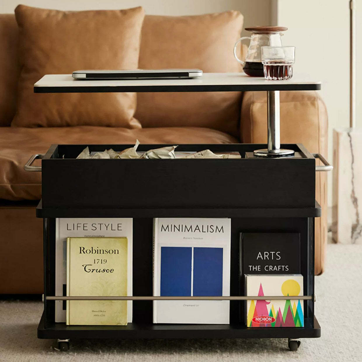 Scandinavian Liftable Swivel Oak Rock Slab Side Table