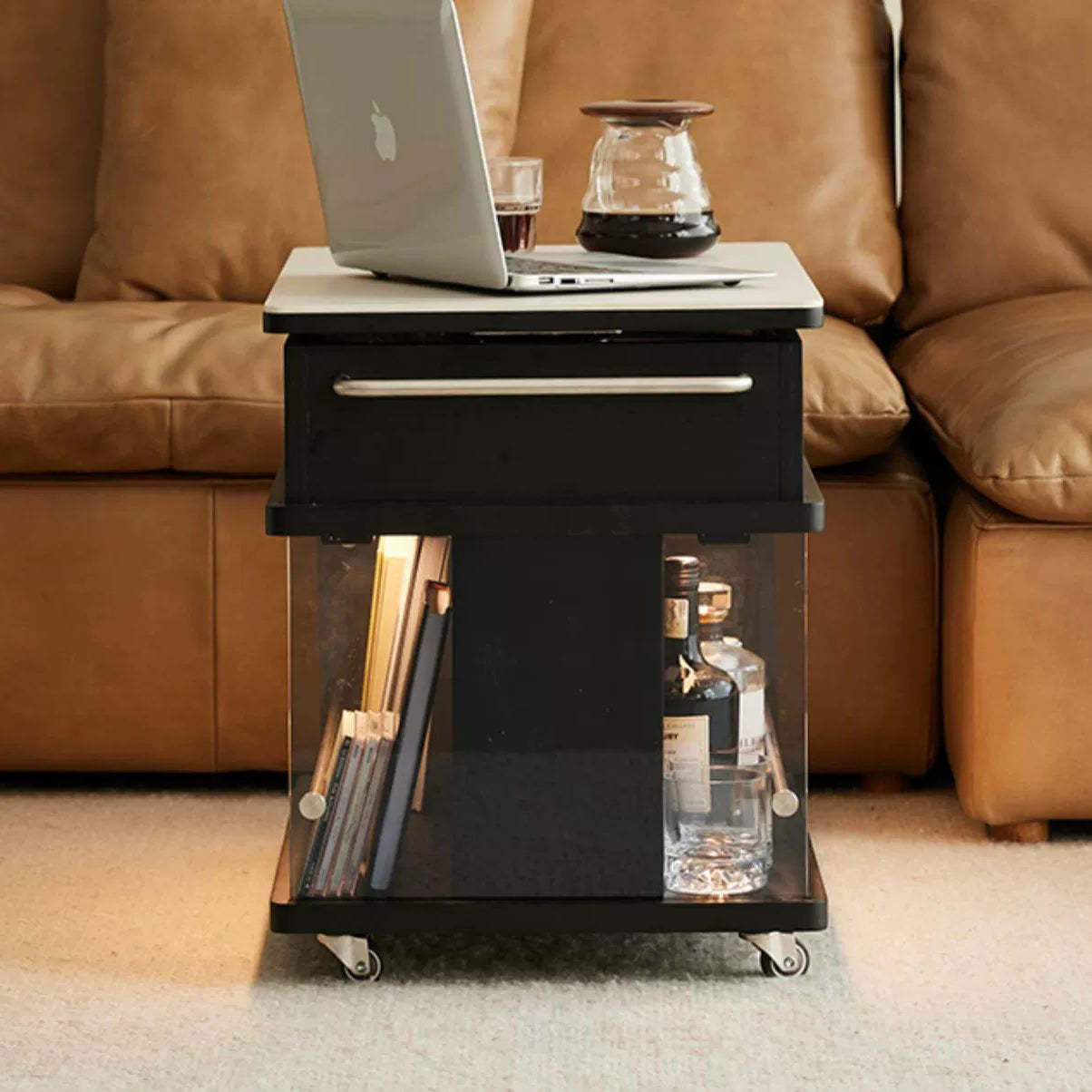 Scandinavian Liftable Swivel Oak Rock Slab Side Table