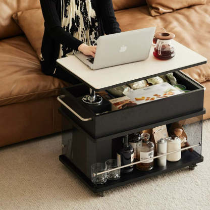 Scandinavian Liftable Swivel Oak Rock Slab Side Table