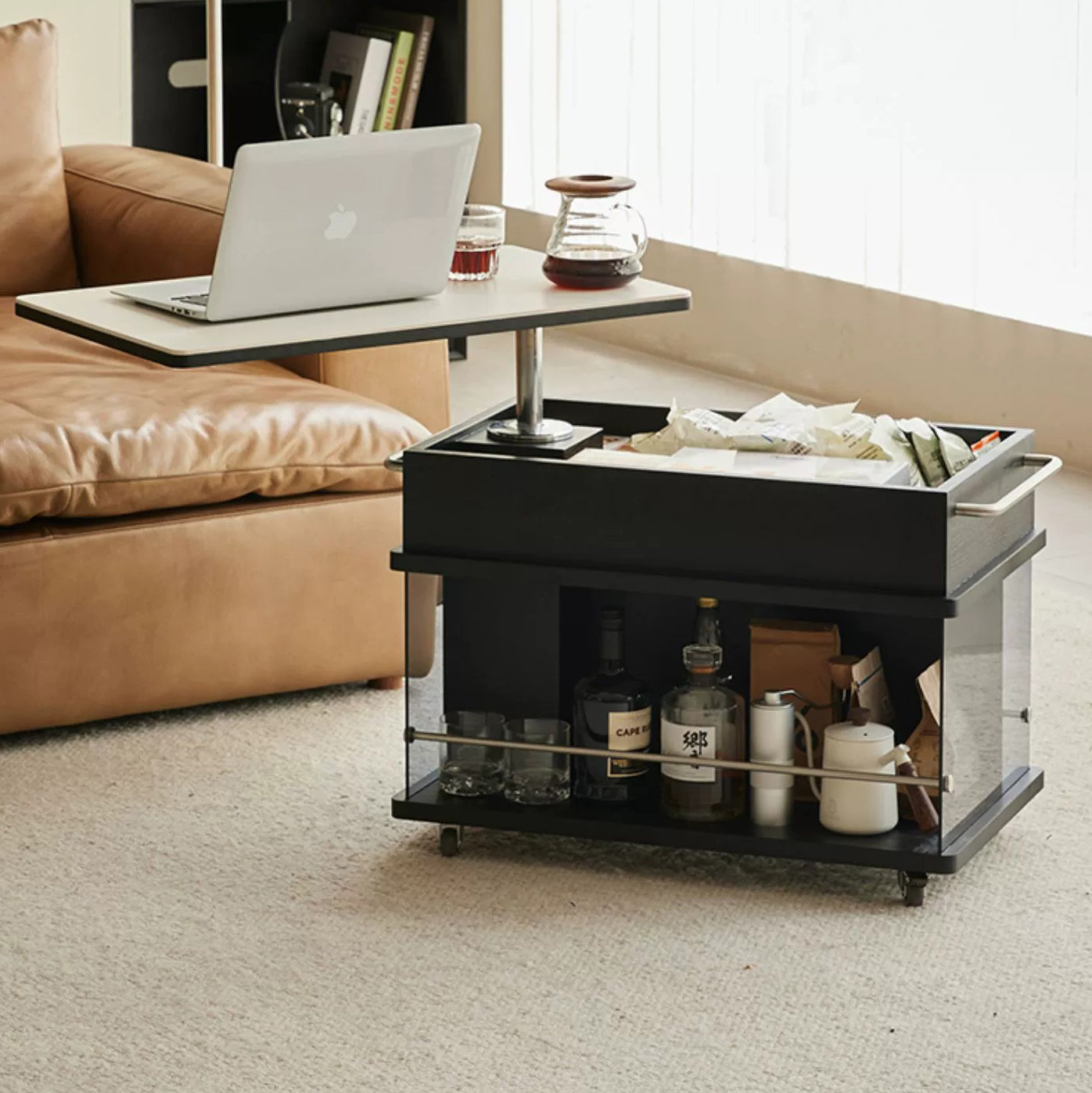 Scandinavian Liftable Swivel Oak Rock Slab Side Table