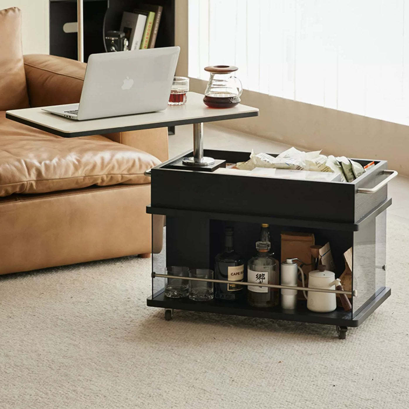 Scandinavian Liftable Swivel Oak Rock Slab Side Table
