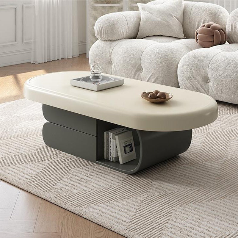 Scandinavian Oval Wood Rock Slab 2-Drawer Coffee Table