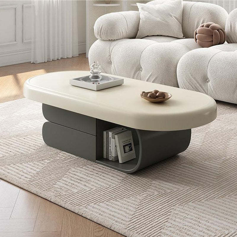 Scandinavian Oval Wood Rock Slab 2-Drawer Coffee Table