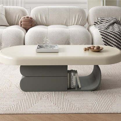 Scandinavian Oval Wood Rock Slab 2-Drawer Coffee Table