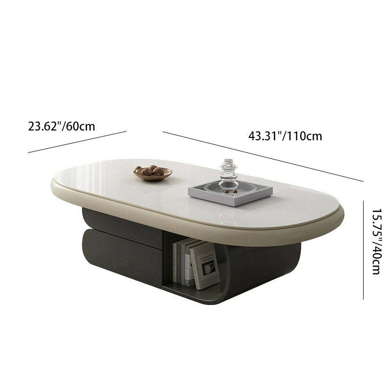 Scandinavian Oval Wood Rock Slab 2-Drawer Coffee Table