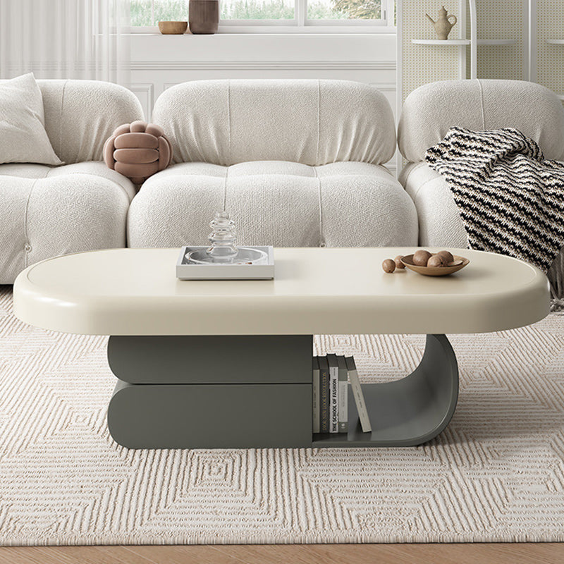 Scandinavian Oval Wood Rock Slab 2-Drawer Coffee Table