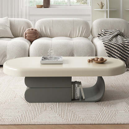 Scandinavian Oval Wood Rock Slab 2-Drawer Coffee Table