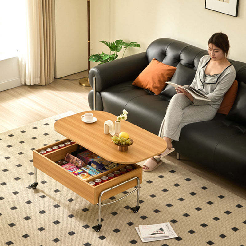 Minimalist Liftable Wood Stainless Steel Oval Coffee Table