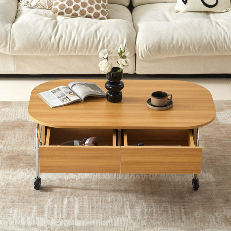 Minimalist Liftable Wood Stainless Steel Oval Coffee Table — Drawers Model