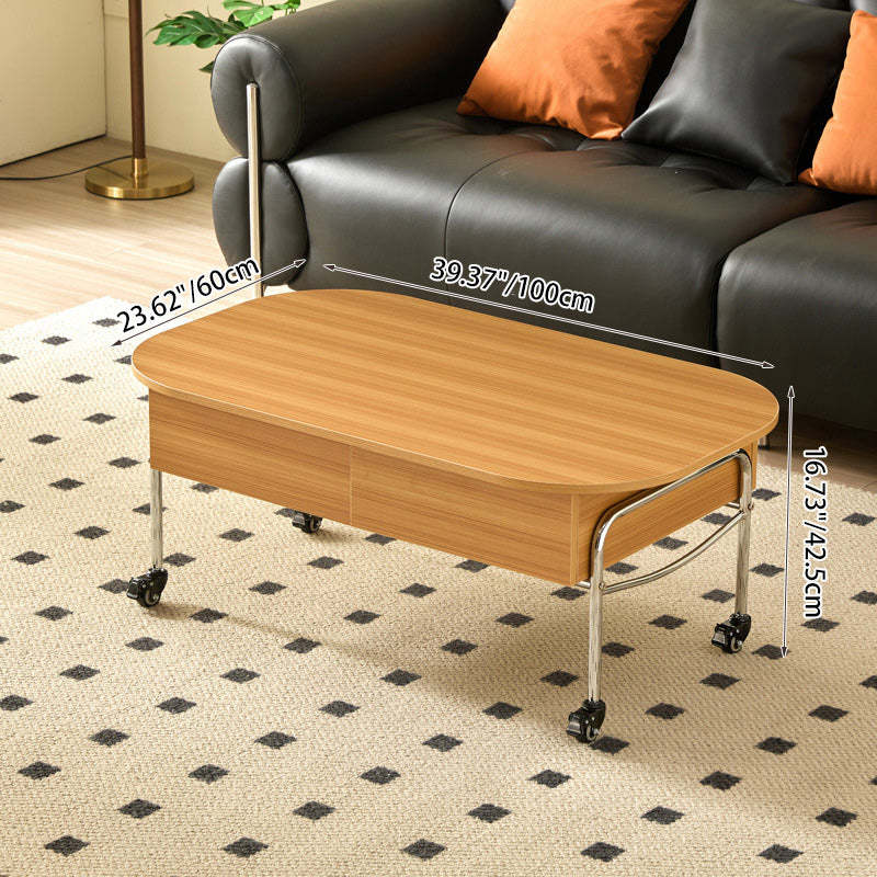 Minimalist Liftable Wood Stainless Steel Oval Coffee Table