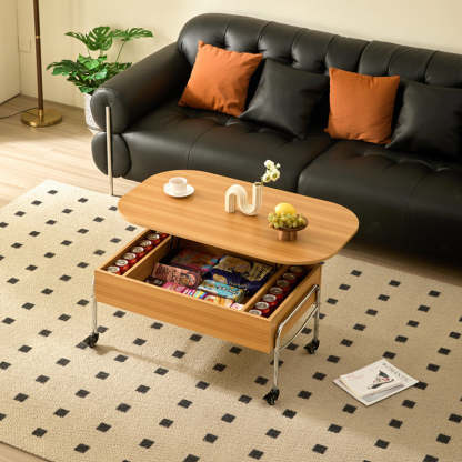 Minimalist Liftable Wood Stainless Steel Oval Coffee Table — Liftable Model