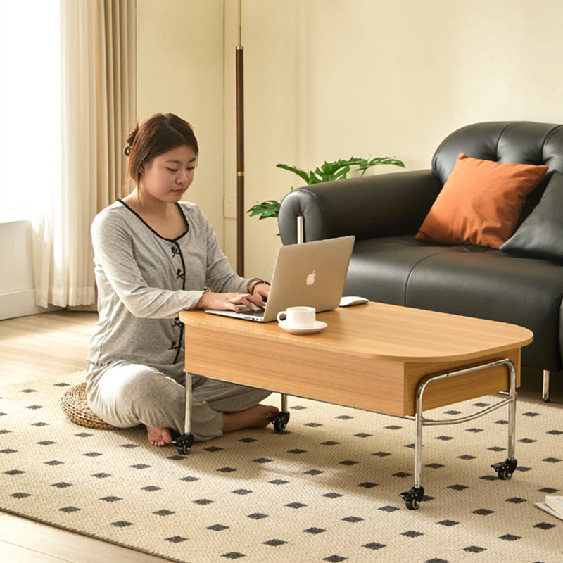 Minimalist Liftable Wood Stainless Steel Oval Coffee Table