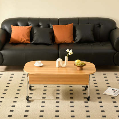 Minimalist Liftable Wood Stainless Steel Oval Coffee Table