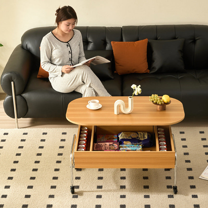Minimalist Liftable Wood Stainless Steel Oval Coffee Table