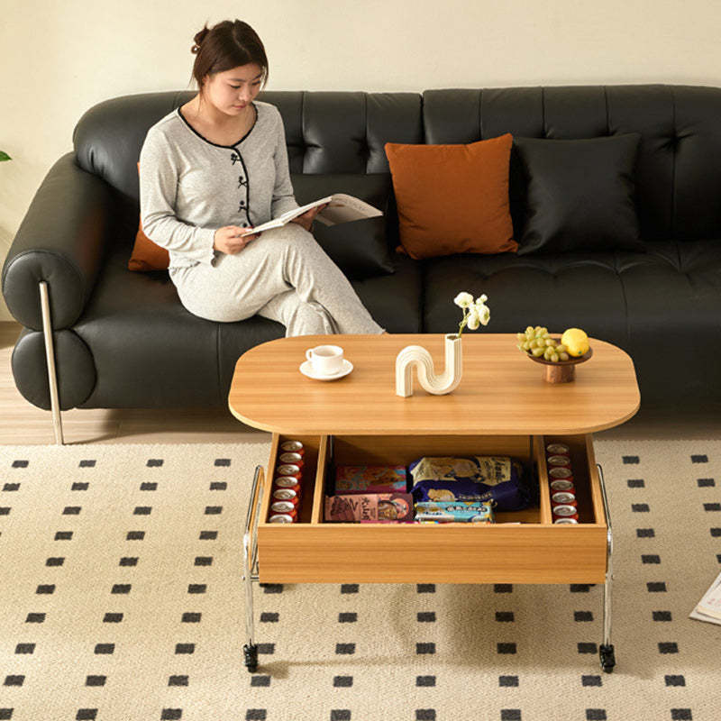 Minimalist Liftable Wood Stainless Steel Oval Coffee Table