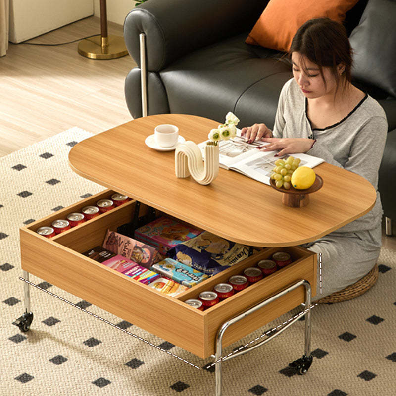 Minimalist Liftable Wood Stainless Steel Oval Coffee Table