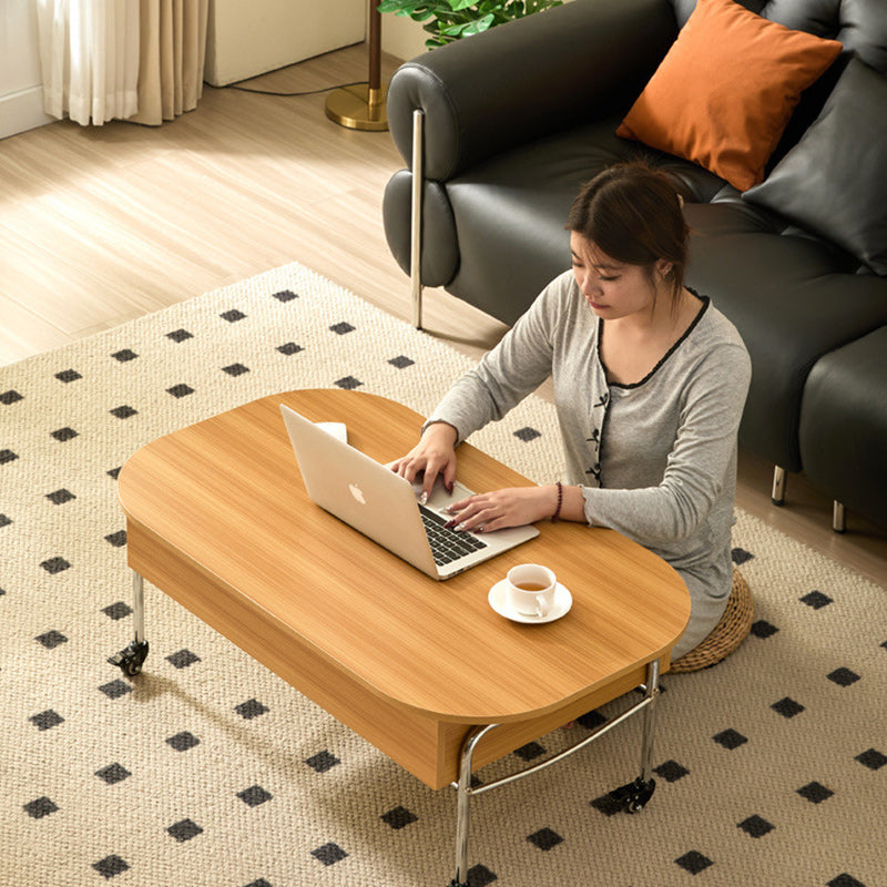 Minimalist Liftable Wood Stainless Steel Oval Coffee Table