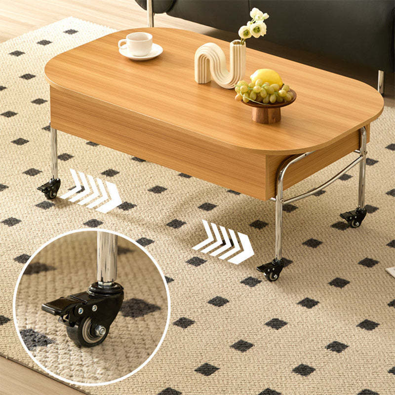Minimalist Liftable Wood Stainless Steel Oval Coffee Table