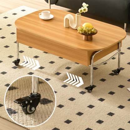 Minimalist Liftable Wood Stainless Steel Oval Coffee Table