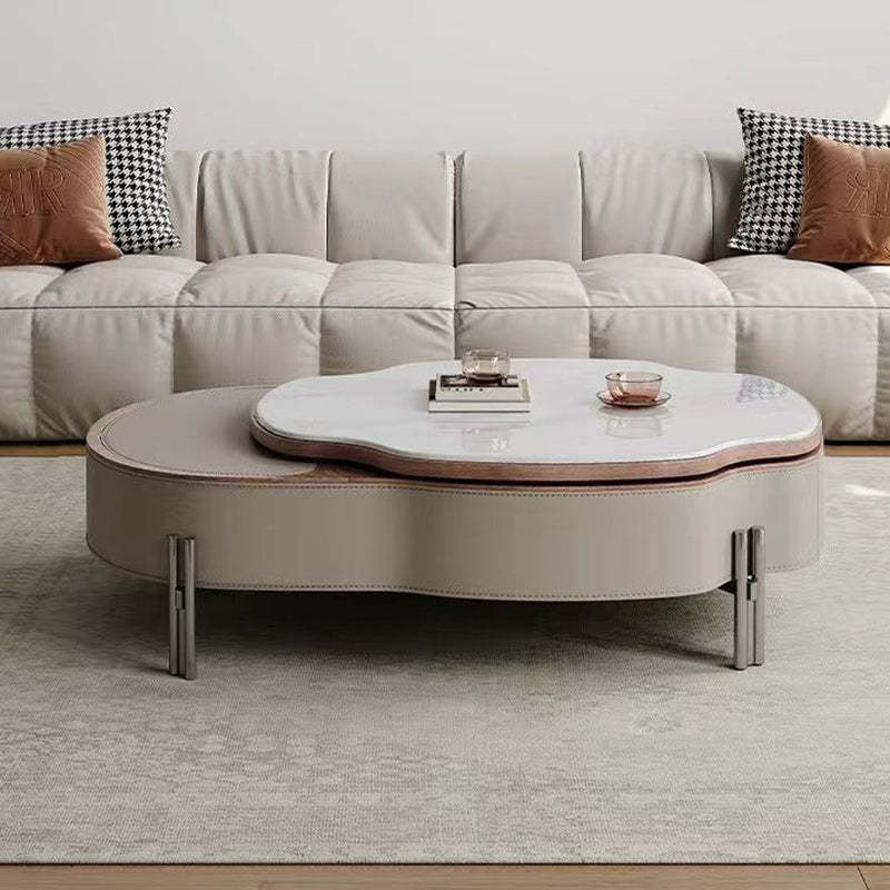 French Microcrystalline Stone Coffee Table — Marble White + Khaki + Walnut Color