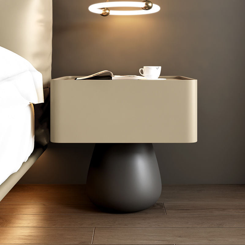 Minimalist Cone Wood Microfiber Leather 1-Drawer Nightstand — Milk Tea Color