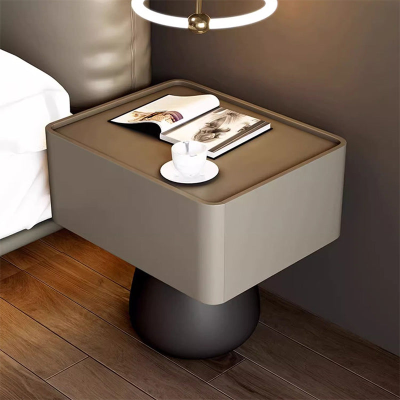 Minimalist Cone Wood Microfiber Leather 1-Drawer Nightstand — Beige