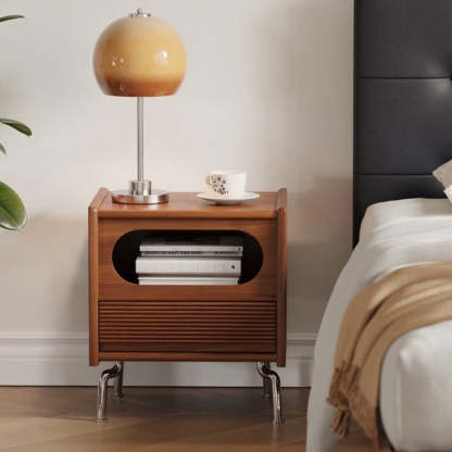Vintage Pine Steel Nightstand 1-Drawer — Walnut Color